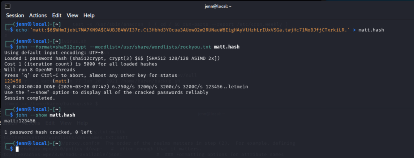 John cracking Matt's SHA-512 hash — password: 123456